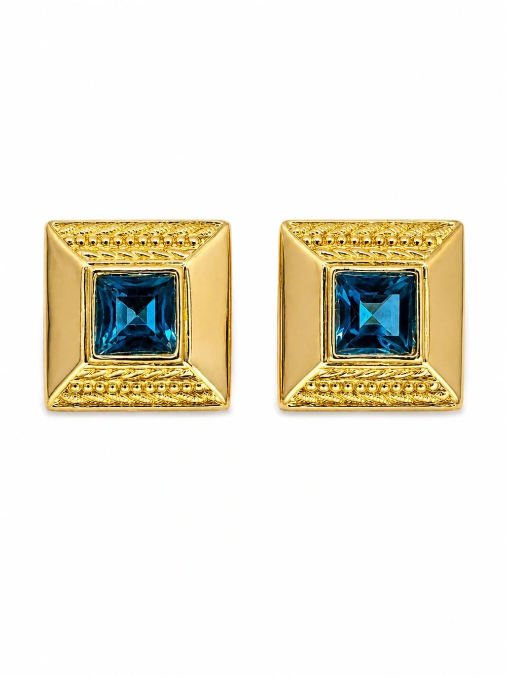 Vintage Gold Tone Blue Cabochon Statement Earrings Heavy Weight Square Studs